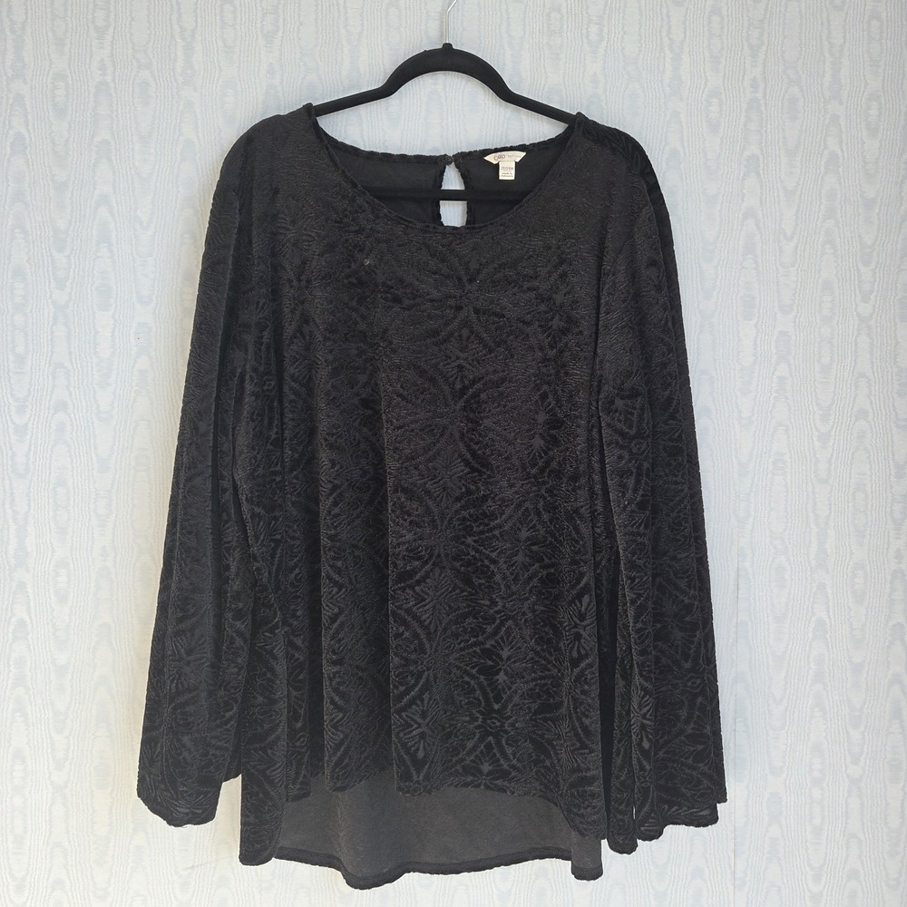 Cato 22W 24W Burnout‎ Velvet Top Womens Damask Black Mock Neck Witchy Whimsigoth